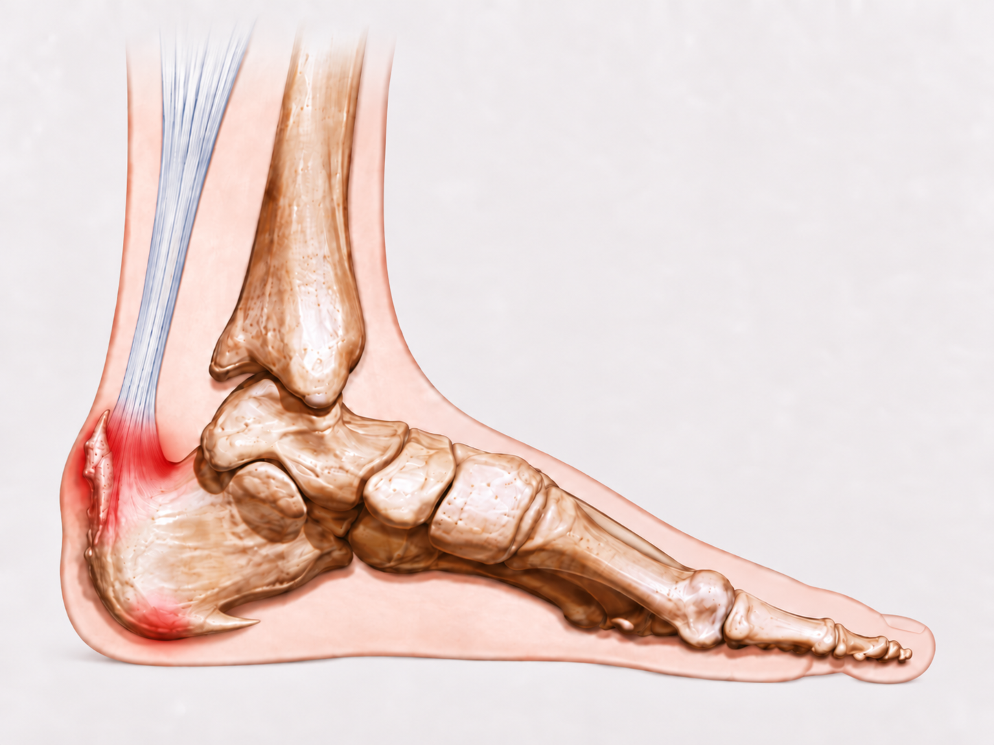 Plantar and posterior calcaneal heel spurs with surrounding soft tissue irritation