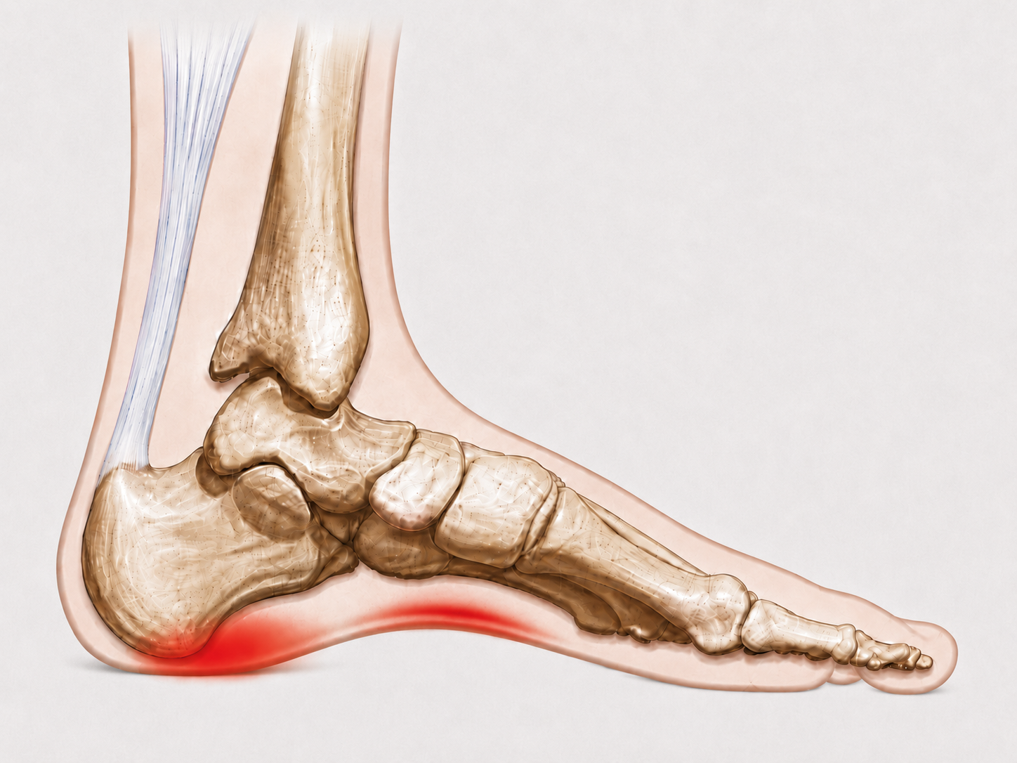 Plantar fasciitis causing pain beneath the heel and plantar fascia