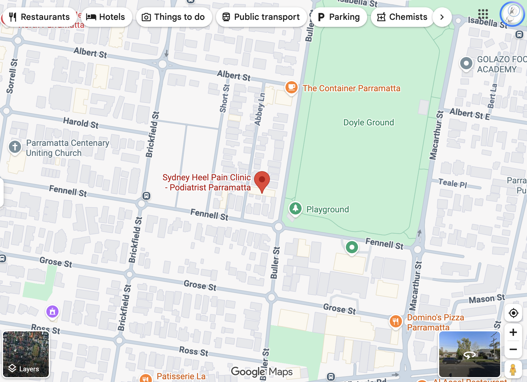Map showing Sydney Heel Pain Clinic Parramatta in North Parramatta